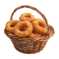 3d interpretazione di un' fritte cipolle anelli nel un' cestino su trasparente png