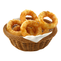 3d representación de un frito cebollas anillos en un cesta en transparente png