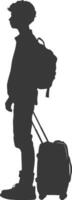 silhouette boy traveling with suitcase silhouette full body black color only vector