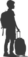 silhouette boy traveling with suitcase silhouette full body black color only vector