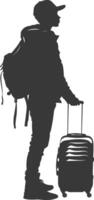 silhouette boy traveling with suitcase silhouette full body black color only vector