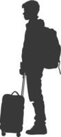 silhouette boy traveling with suitcase silhouette full body black color only vector