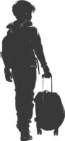 silhouette boy traveling with suitcase silhouette full body black color only vector