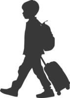 silhouette boy traveling with suitcase silhouette full body black color only vector