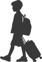 silhouette boy traveling with suitcase silhouette full body black color only vector