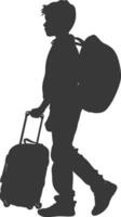 silhouette boy traveling with suitcase silhouette full body black color only vector