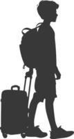 silhouette boy traveling with suitcase silhouette full body black color only vector