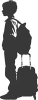 silhouette boy traveling with suitcase silhouette full body black color only vector