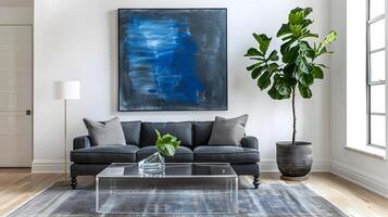 lujoso moderno vivo habitación con cautivador resumen Arte y natural verdor foto
