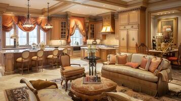 Luxurious and Refined Interior Design of a Lavish Living Room with Kitchen and Bar Area photo