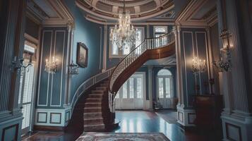 Luxurious and Regal Interior of a Magnificent Mansion with Ornate Architectural Details and a Stunning Crystal Chandelier photo