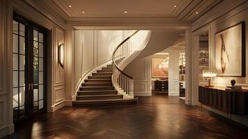 Luxurious and Sophisticated Entryway with Grand Spiral Staircase in Elegant Mansion photo