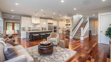 Luxurious and Inviting Open Concept Living Room with Hardwood Floors,Modern Kitchen,and Dining Area photo