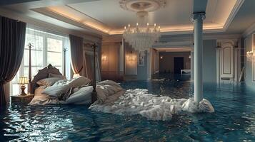 Luxurious Bedroom Submerged in Floodwaters Reflecting Captivating Architectural Grandeur and Fantasy Dreamscape photo