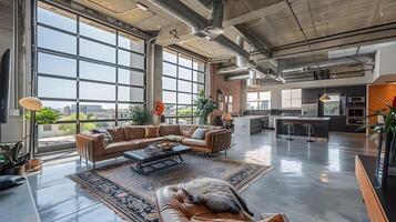 Luxurious open-concept loft apartment with modern industrial design and cozy living space photo