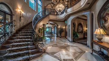 Luxurious and Ornate Marble Foyer with Spiral Staircase and Elegant Chandelier in Stately Mansion or Palace photo