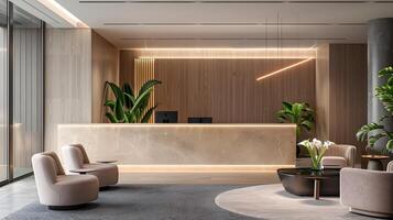 Luxurious and Inviting Corporate Lobby with Minimalist Design Elements photo