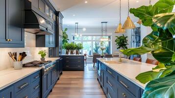 Luxurious and Bright Contemporary Kitchen with Lush Greenery Accents and Pendant Lighting photo