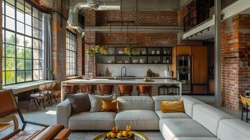 Inviting and Functional Loft-Style Living Space with Brick Walls and Contemporary Furnishings photo