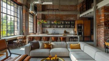 atractivo y funcional estilo loft vivo espacio con ladrillo paredes y contemporáneo mobiliario foto