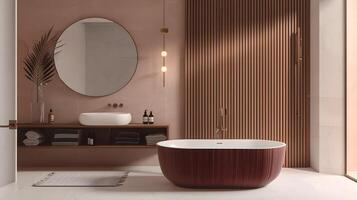 Luxurious and modern bathroom design with freestanding bathtub,vanity unit,and circular mirror photo