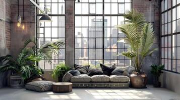 Inviting Industrial Loft with Verdant Greenery and Cozy Furnishings for a Relaxing Ambiance photo