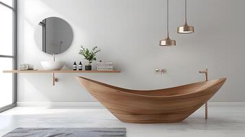 Exquisite Wooden Bathtub in a Sleek and Minimalist Bathroom Interior with Elegant Lighting Fixtures and Shelving photo