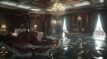 lujoso y opulento dormitorio interior inundado con agua foto