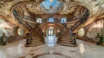 Magnificent Baroque-Inspired Palatial Mansion with Ornate Staircase and Lavish Chandelier Lighting photo