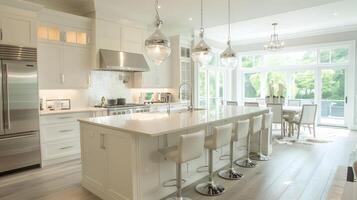 lujoso y brillante abierto concepto cocina y comida zona en moderno arquitectónico hogar foto