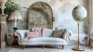 elegante de inspiración vintage vivo habitación con florido mobiliario y eterno decoración elementos foto