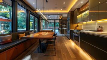 Luxurious and Airy Open-Concept Kitchen and Dining Area with Stunning Panoramic Nature View photo