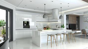 Luxurious and Spacious Contemporary Kitchen with Modern Appliances,Wooden Accents,and Abundant Natural Lighting photo