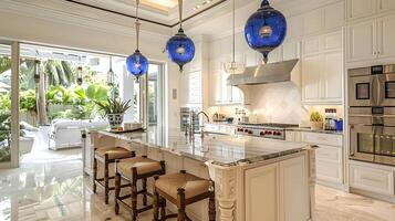 Luxurious and Spacious Modern Kitchen with Marble Countertops,Pendant Lighting,and Sleek Cabinetry photo