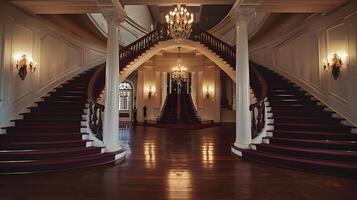 Grand Staircase of Ornate and Elegant Mansion Interior with Chandelier and Lavish Decor photo