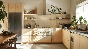 acogedor y minimalista cocina interior con de madera gabinetes, estantes y natural acentos foto