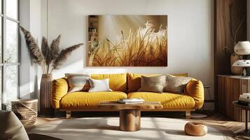 acogedor vivo habitación diseño con rústico otoño inspirado decoración y natural elementos foto