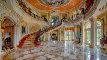 elegante y florido mármol vestíbulo de un lujoso histórico mansión con majestuoso candelabro y decorativo escalera foto