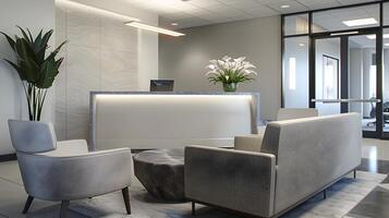 Elegant and Functional Office Lobby with Stylish Furniture and Decor photo