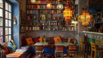 Cozy and Vibrant Moroccan-Inspired Living Room with Colorful Textiles and Eclectic Decor photo