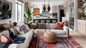 Cozy and Vibrant Boho-Inspired Living Room with Eclectic Furnishings and Decor photo