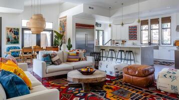 Inviting and Vibrant Bohemian-Inspired Living Space with Eclectic Furnishings and Colorful Accents photo