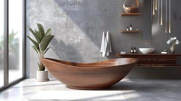 Elegant and Serene Bathroom with Wooden Tub and Natural Accents photo