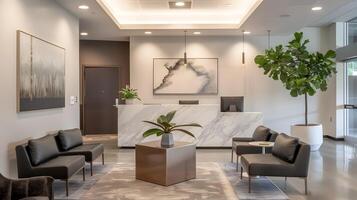 Elegant and Sophisticated Lobby Entrance with Marble Flooring and Contemporary Decor photo