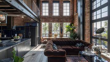 acogedor y atractivo estilo loft Departamento con expuesto ladrillo paredes y contemporáneo mobiliario foto