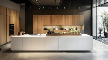 elegante y funcional moderno cocina diseño exhibiendo minimalista estético y gama alta accesorios en espacioso y elegante hogar ambiente foto