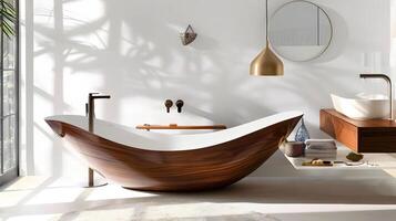 Elegant and Minimalist Wooden Bathtub in Luxurious Bathroom with Natural Lighting and Sleek Design Elements photo