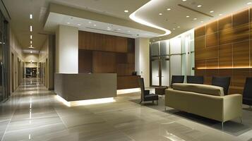 Elegant and Minimalist Corporate Lobby with Sleek Furnishings and Architectural Lighting photo