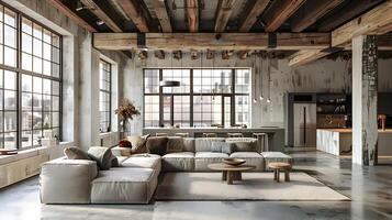 Cozy and Inviting Loft-Style Living Room with Rustic Industrial Charm and Minimalist Design Elements photo