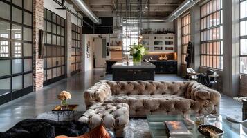 acogedor estilo loft vivo habitación con industrial-chic decoración y copetudo sofá en rústico ladrillo y hormigón espacio foto